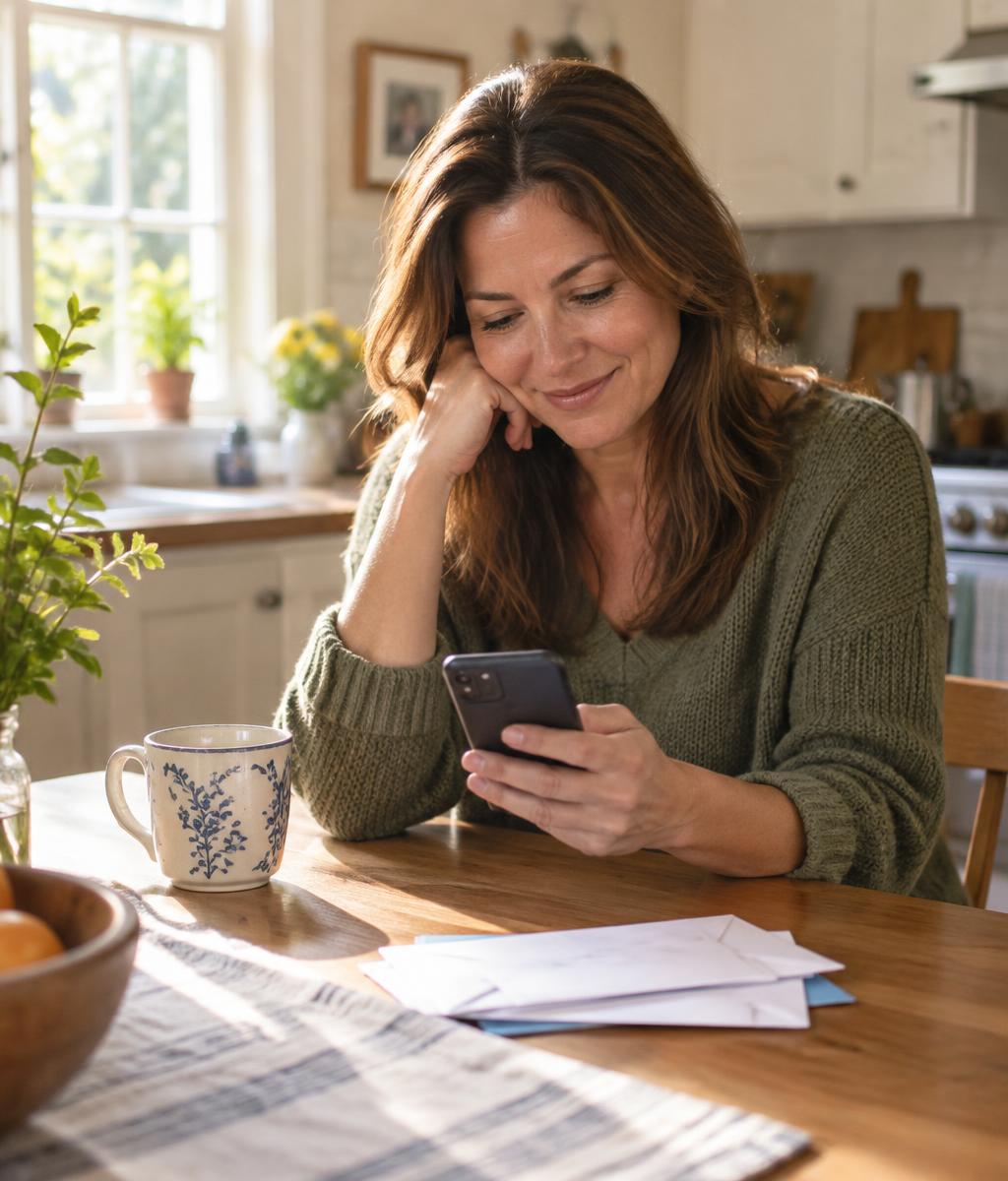 A woman at her kitchen table smiling at a new benefit match on her phone